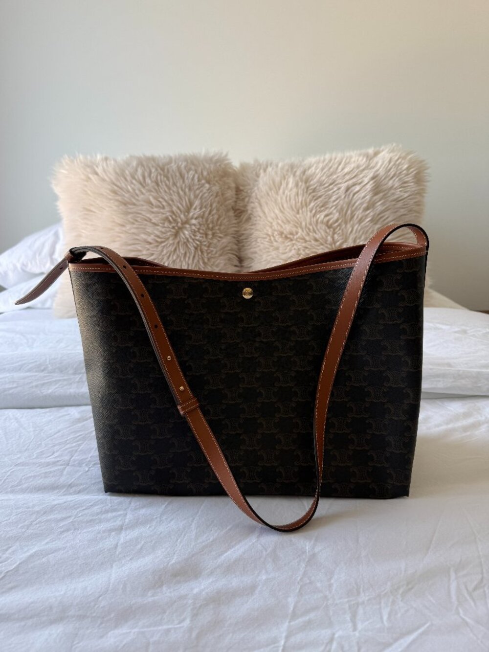 Celine Soft Shopper Bag In Toile Triomphe - Tan